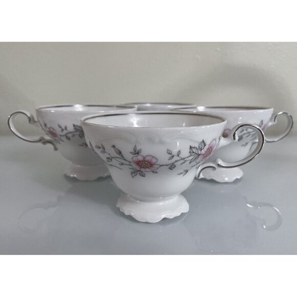 Vintage Johann Haviland Bavaria Germany, Set of 4 Teacups, White w/ Pink Floral - Picture 7 of 12